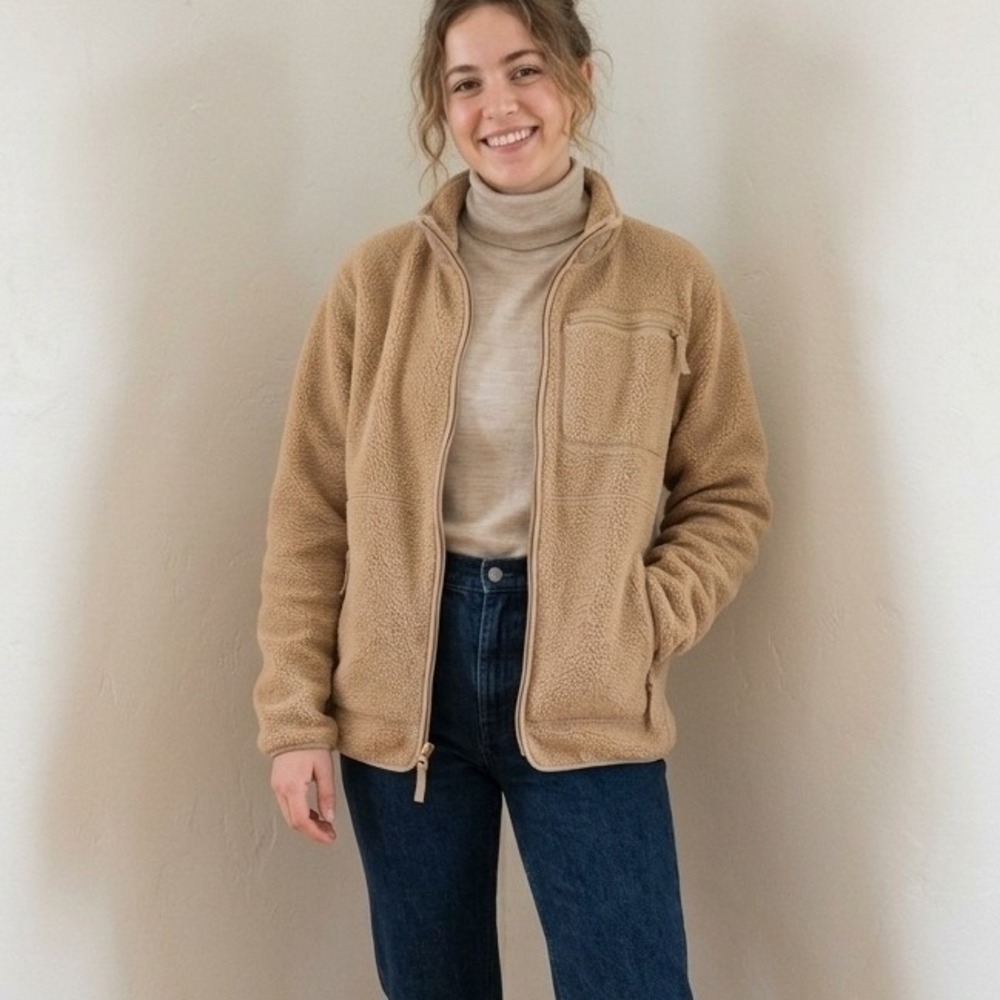 Quince Womens Sherpa Full Zip Jacket Large Camel Quilted Lining Pockets Winter